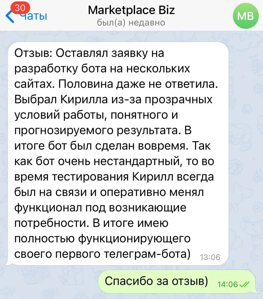 Отзыв Marketplace Biz в переписке