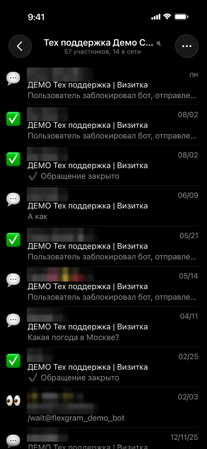 Группа операторов FlexGram: у каждого клиента отдельная тема со значком статуса