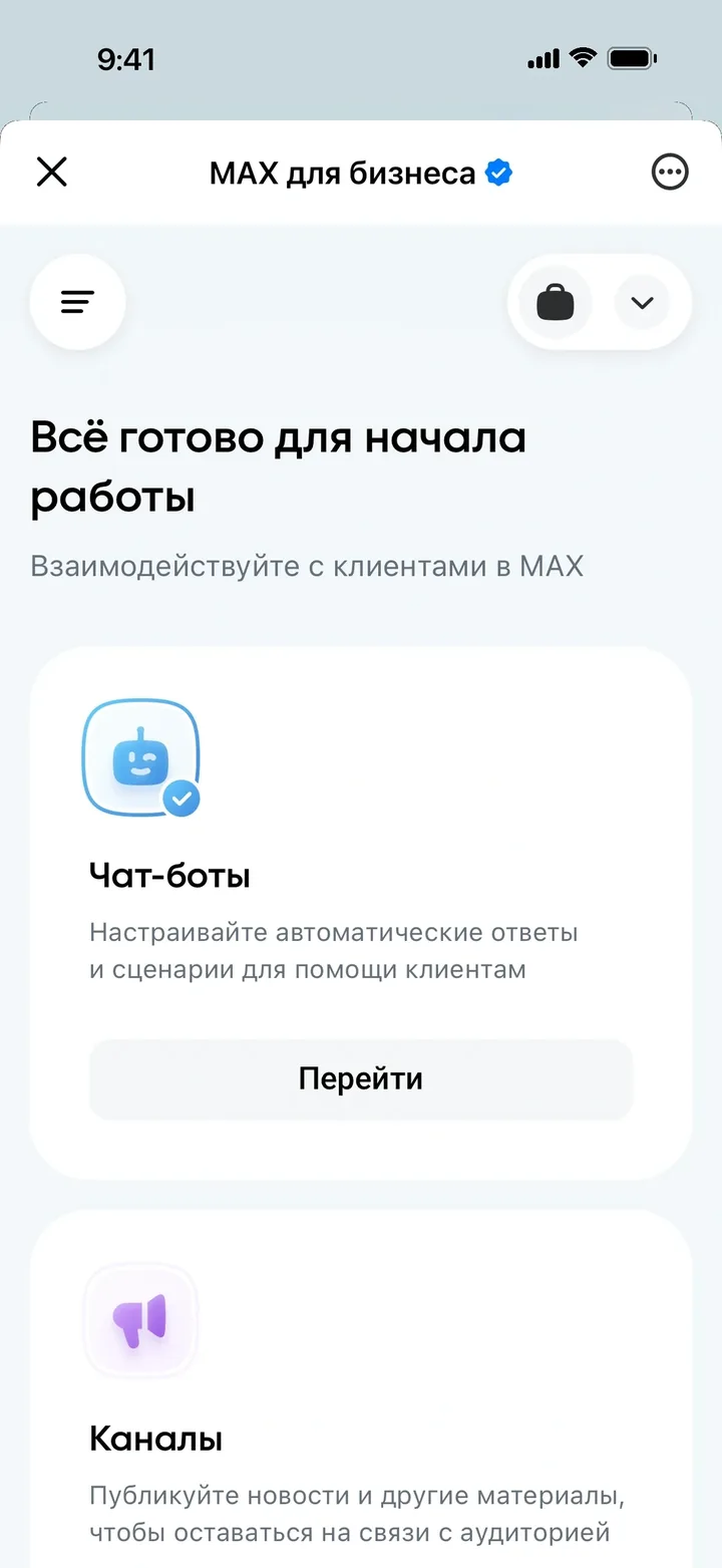 Главный экран мини-приложения MAX для бизнеса с разделами Чат-боты и Каналы